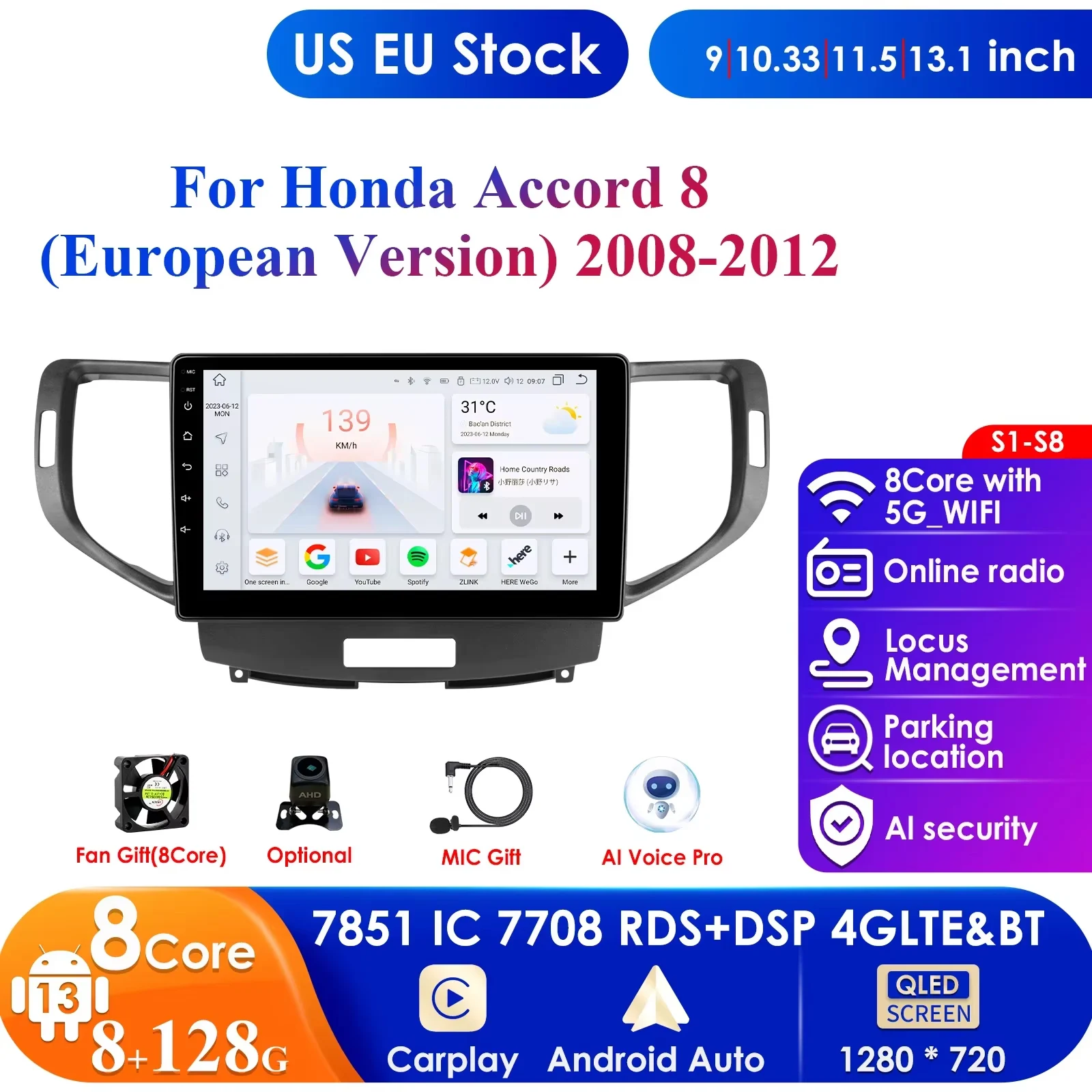 

Hizpo 4G 10.1'' AI Intelligent Systems Wireless CarPlay Android Auto Radio for Honda Accord 8 Spirior Accord Ⅷ Car Multimedia