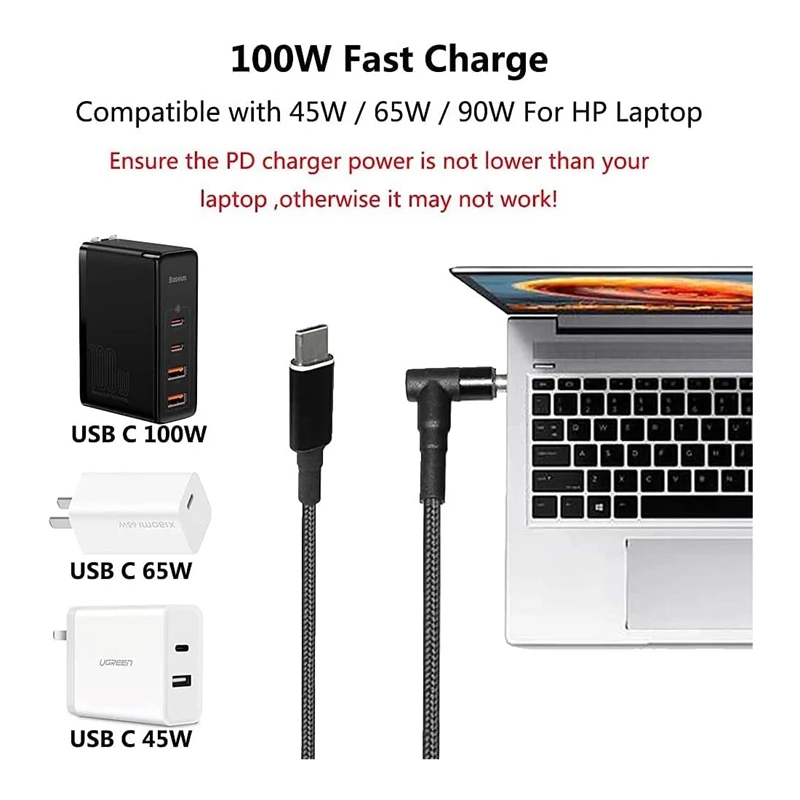 USB C To Laptop Charging Cable Adapter Type C To DC 4.5 X 3.0Mm Converter 100W PD Power Charger Supply Cord For HP