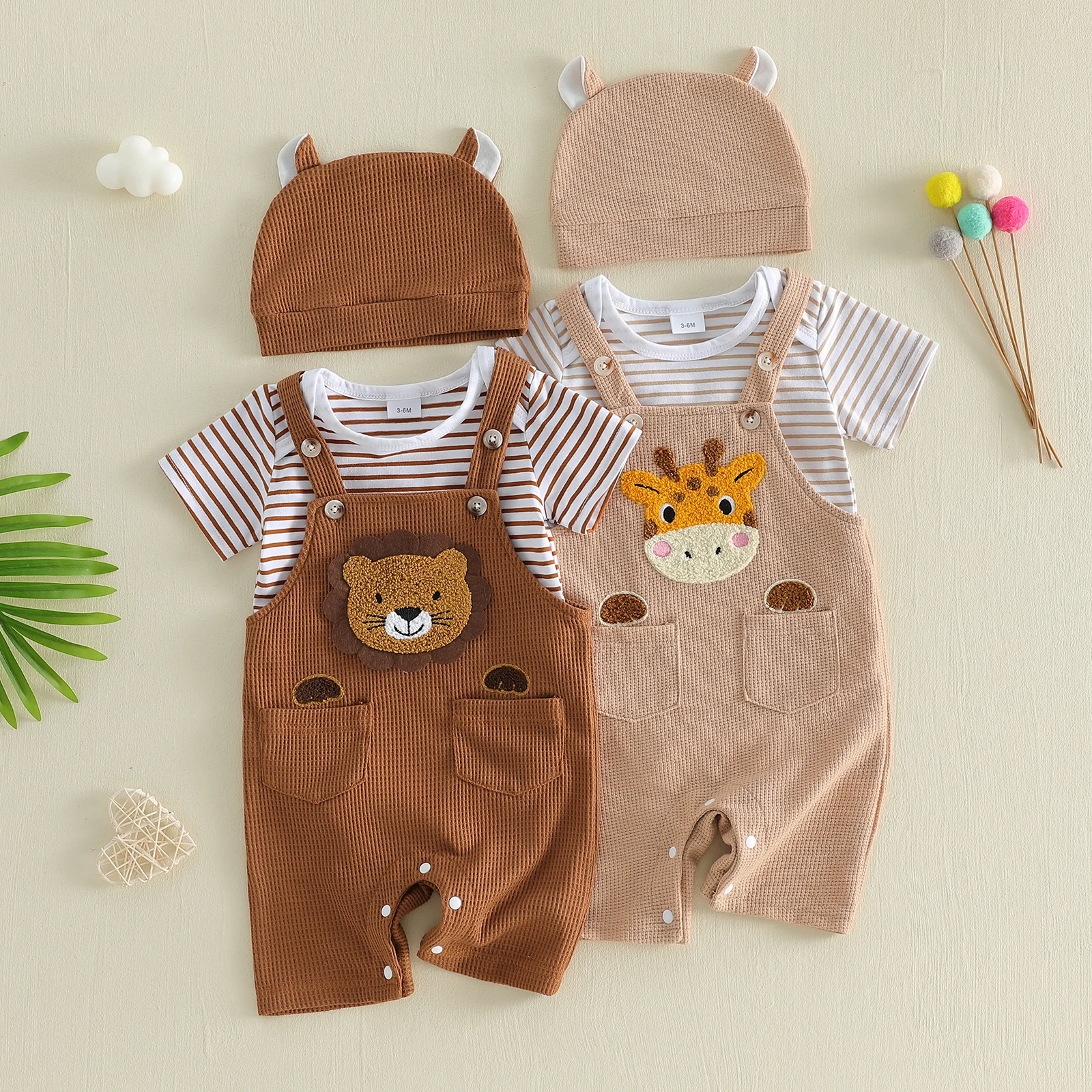 Baby Boy Summer Outfit Striped Crew Neck Short Sleeve Romper Lion/Giraffe Embroidered Overall Pants Cap 3 Pcs Costume Set