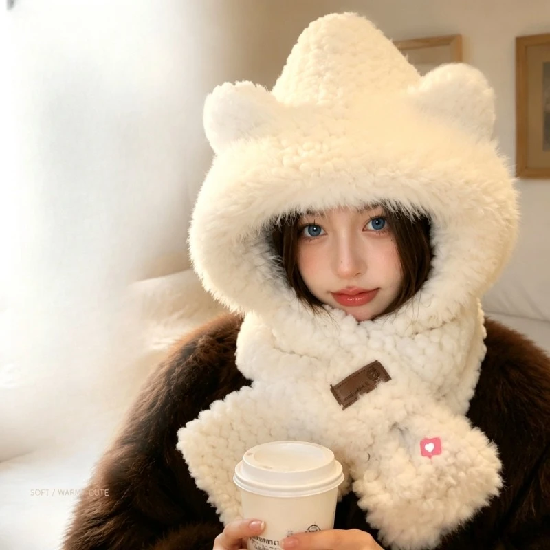 A++Fashion Winter Women's Knitted Hat Cycling Warm Ear Protection Hat Scarf Integrated Plush Hat