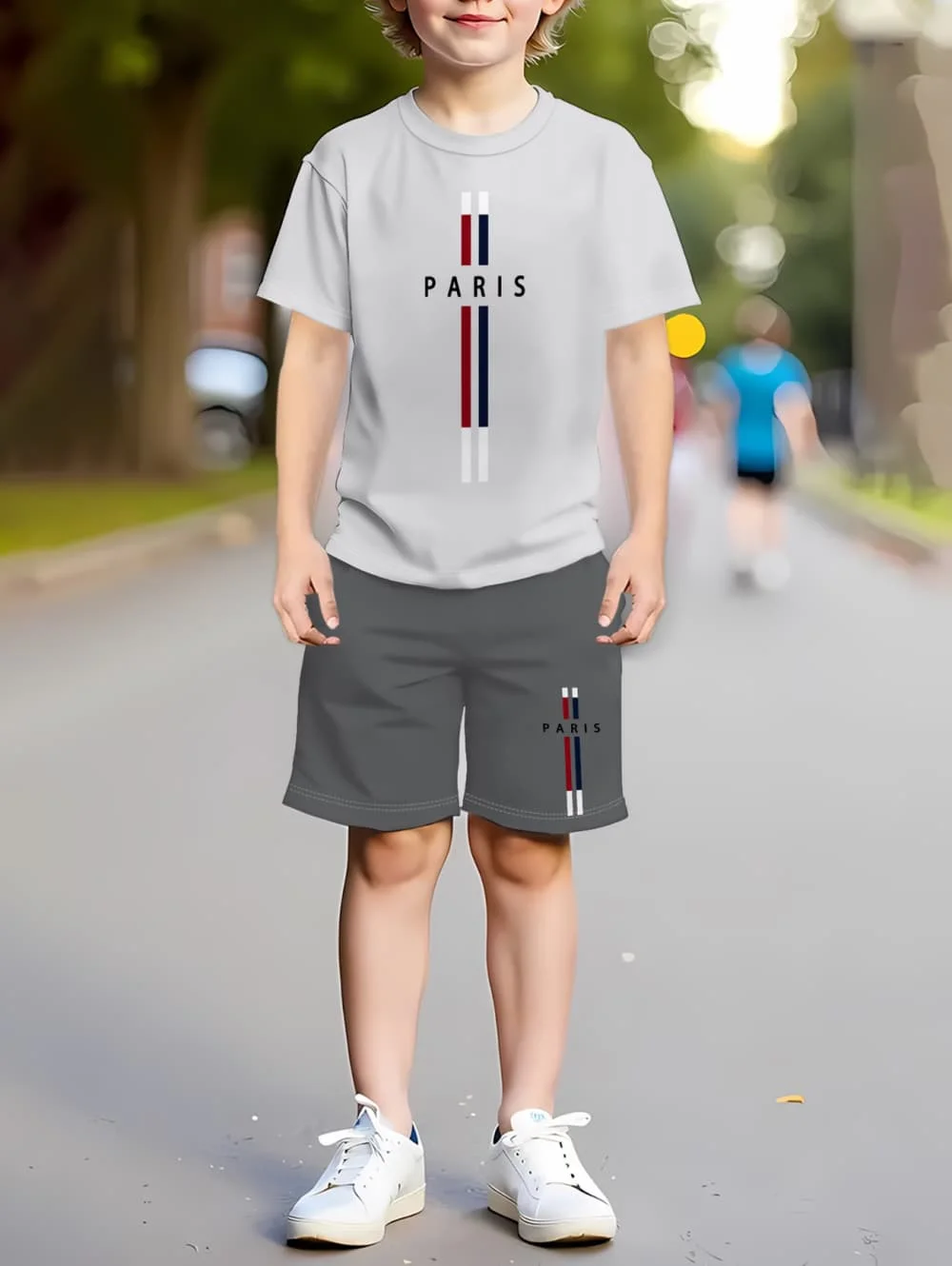 2026 Summer Casual Boys T-Shirts Sets Round Neck Paris Letter 3D Printed Shorts Sport Two Piece Suit Outdoor Children's Clothing