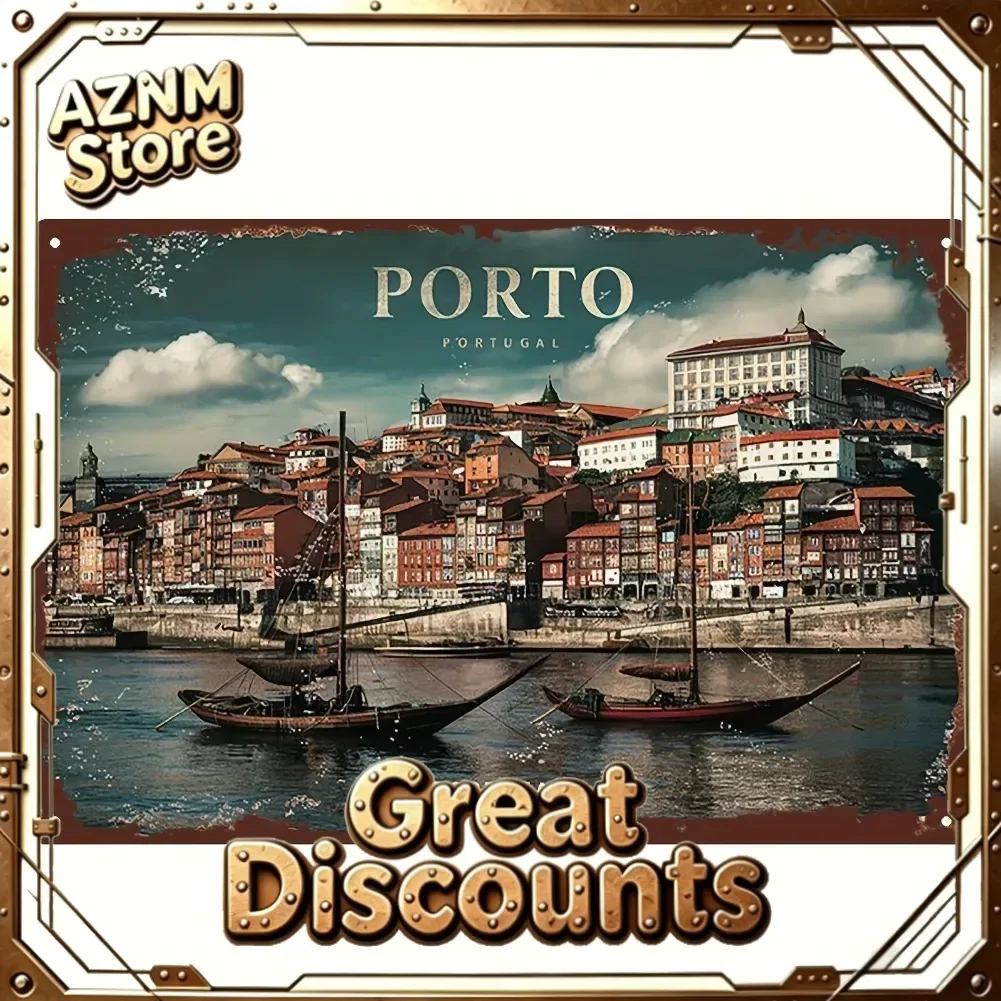 2D Flat, 1pc Vintage Metal Sign | Ancient Architecture and Sailboat Scenery by the Douro River in Porto, Portugal | 20*30cm