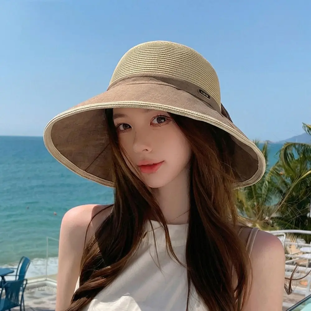 

Elegant Large Bow Women Sun Hat Weave Bowknot Bow Fisherman Hat Breathable Wide Brim Sunscreen Bucket Hat Travel