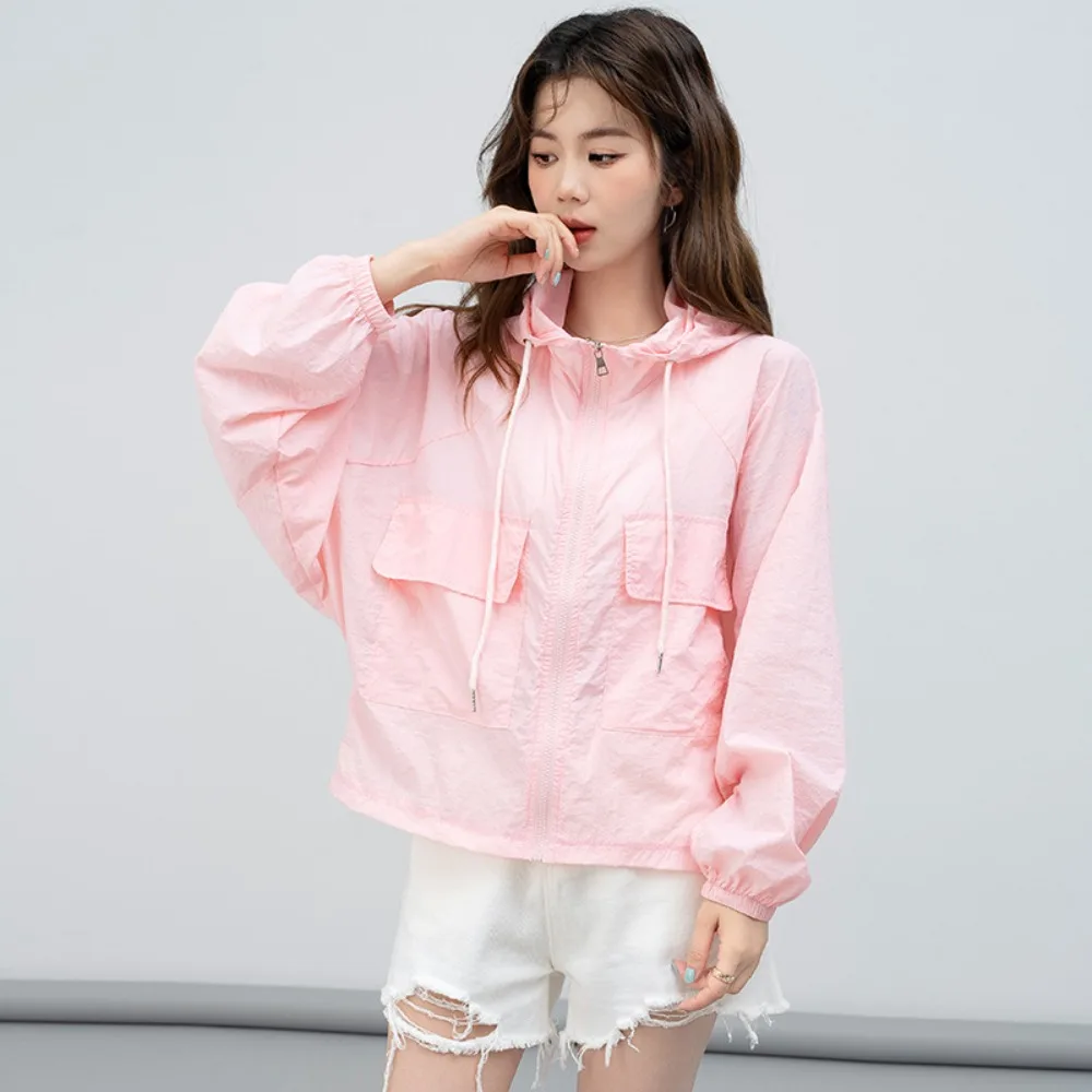 

Solid Color Thin Sunscreen Clothing Anti UV Sun-Protective Leisure Hooded Outwear Waterproof Loose Windbreaker Summer
