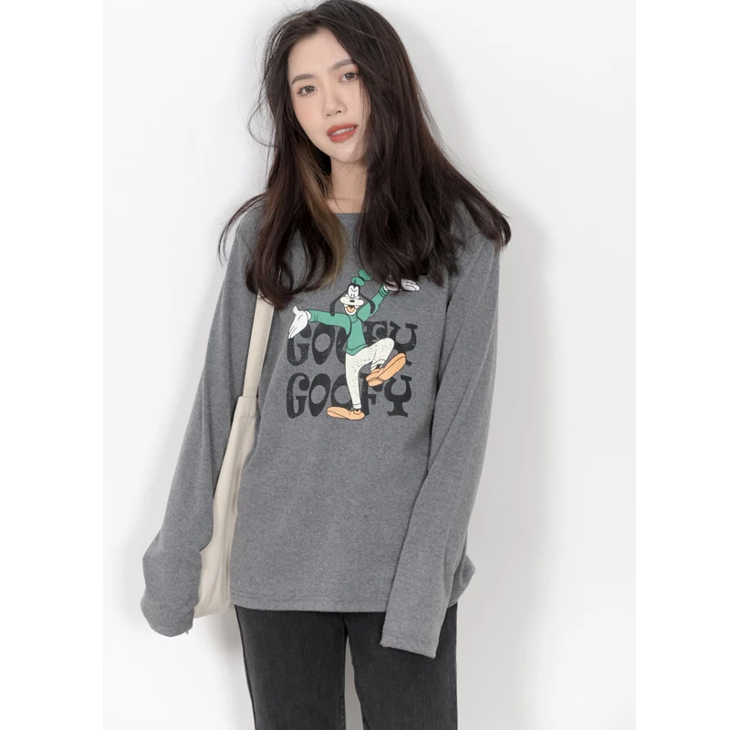 

Loose Long Sve round Ne Cartoon Print Base irt T-irt Women's Top Vintage Preppy Sle Autumn Spring Faion Ladies' ...