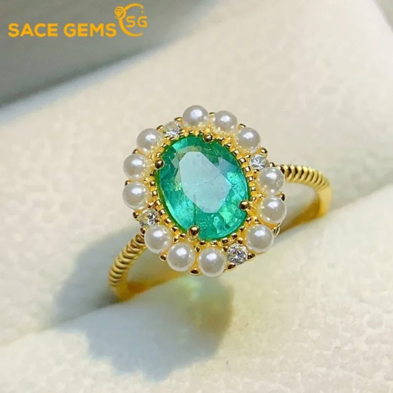 

SACE GEMS New Arrival Trend 925 Sterling Silver Resizable 6*8MM Natual Emerald Rings for Women Engagement Cocktail Party Jewelry