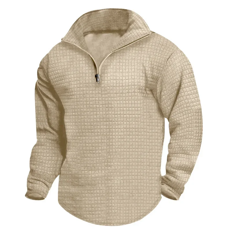 European and American Fashionable Men's Sweatshirts with A Half - Zipper, Small Checkered Pattern and Stand - Collar.