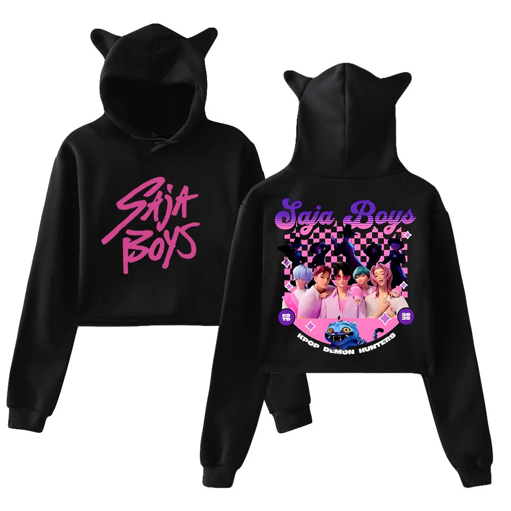 KPop Demon Hunters Saja Boys Merch Hoodie 2025 ภาพยนตร์การ์ตูนแมวหูHooded SweatshirtแขนยาวCrop Topผู้หญิงเสื้อผ้า