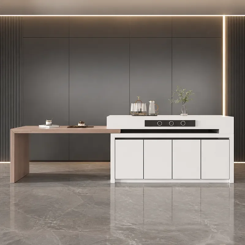 Full Rock Slab Rotating Telescopic Island Table Integrated Middle Guide Tea Bar Operation Table for Open Kitchen High End