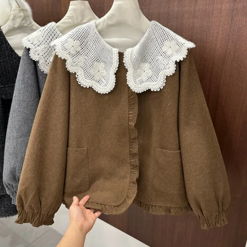 2024 Winter New Korean Retro Woolen Doll Collar Sweet Thickened Warm Down Fashionable and versatile Solid color Jacket For Women