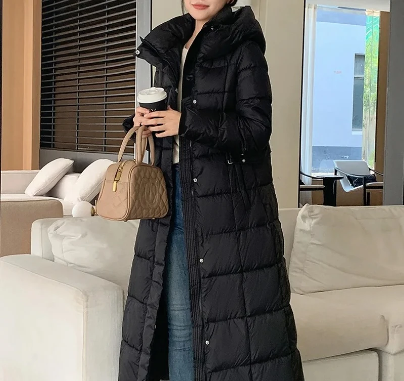 冬のレディースロングパファーアウター厚手フード付きダウンコート女性用軽量薄手ホワイトダックジャケットパーカー