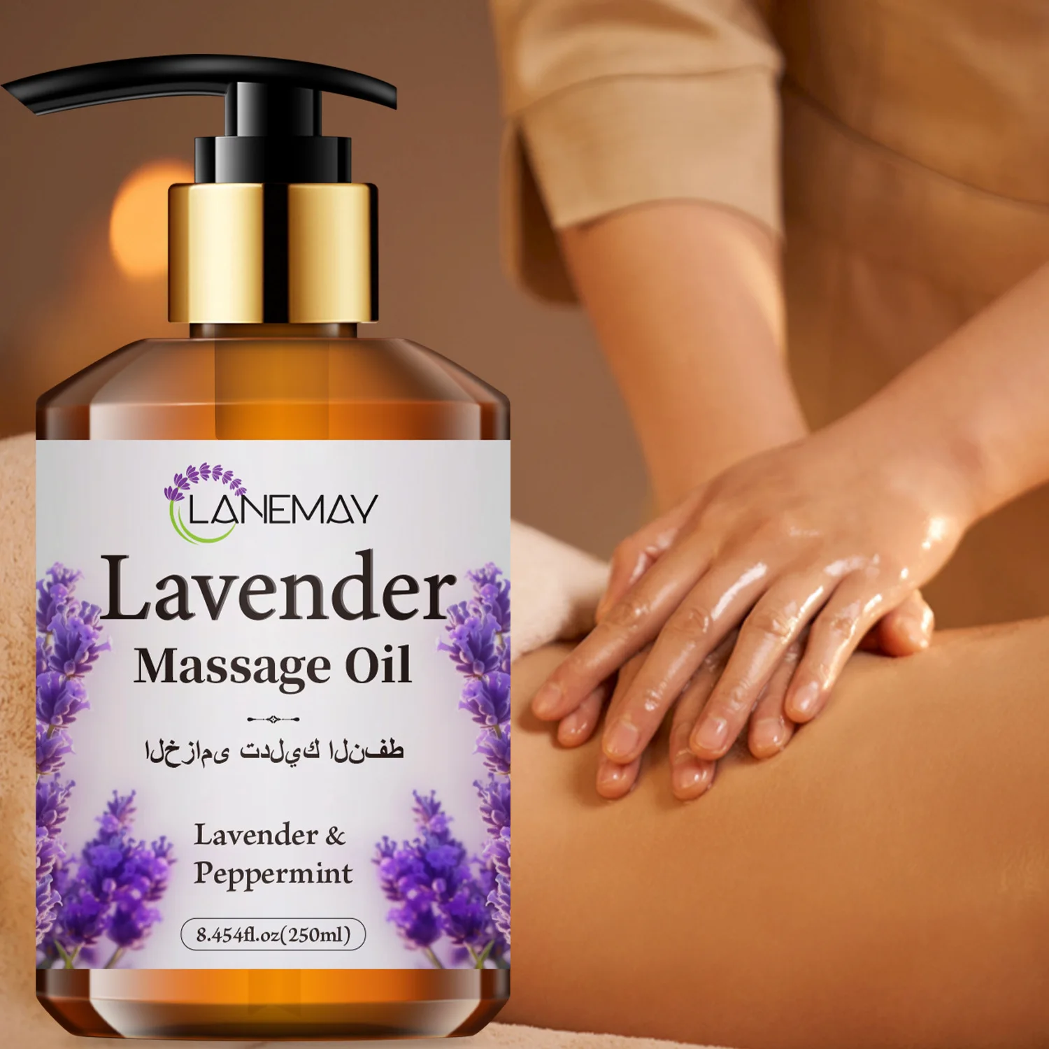Lavender Massage Oil for Massage Therapy - Relaxing Body Oil with Peppermint, Sweet Almond & Jojoba, Moisturizing, 250ml
