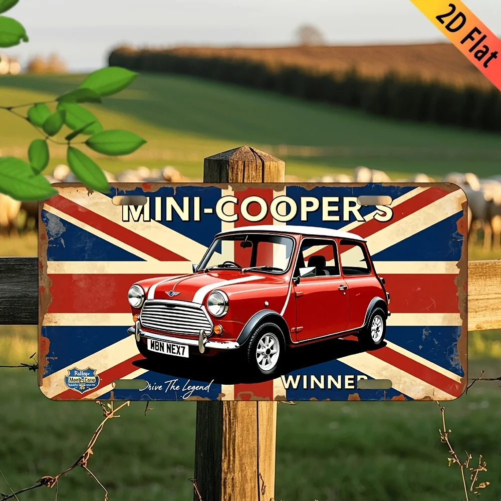 Mini-Cooper Metal Sign -  Aluminum Wall Art with Union Jack Design, Red Car & 