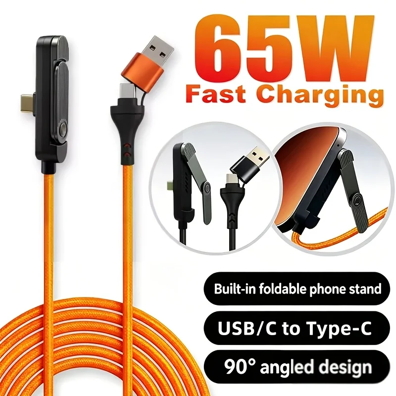 65W High-speed Charging Data Line Right Angle PD USB Type C To Type-C Cable with Built-in Phone Stand for IPhone Samsung Xiaomi