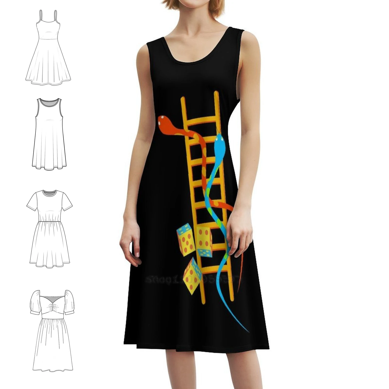 فستان بوهيمي بدون أكمام على شكل ثعابين وسلالم للنساء مطبوع فساتين حفلات الشاطئ Moksha Patam Board Game ألعاب كلاسيكية للسيدات #1