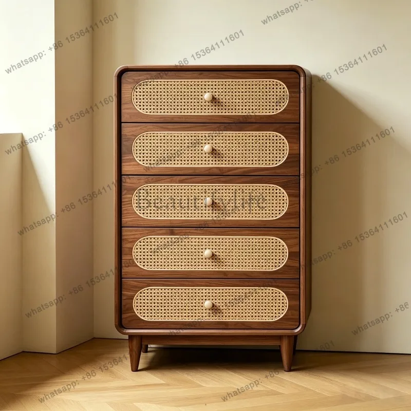 YJ retro geometric rattan solid wood chest of drawers bedroom living room storage locker black walnut