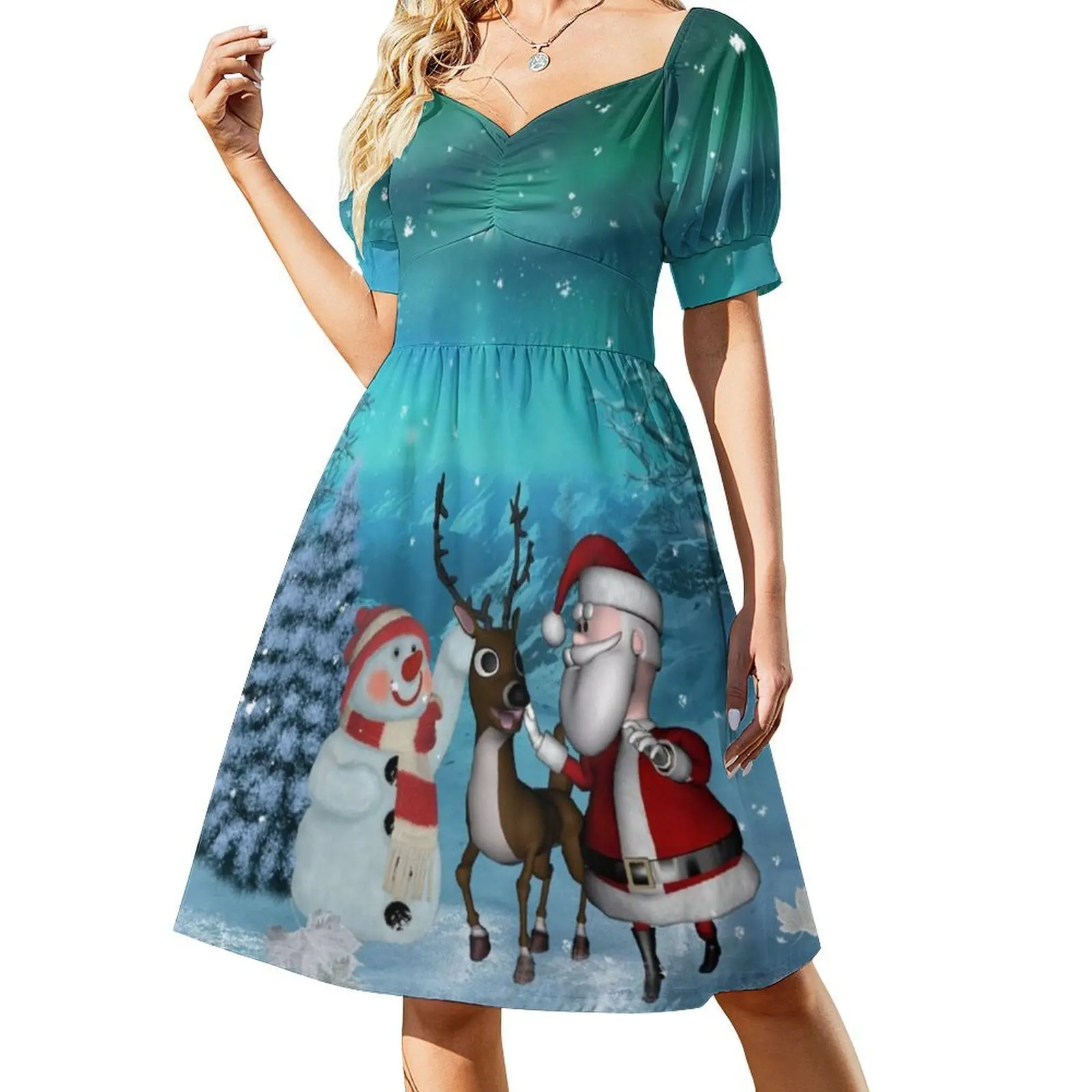 فستان سانتا كلوز اللطيف مع حيوان الرنة ورجل الثلج على شكل قلب فستان أنيق للحفلات الصيفية للنساء رجل ثلج عيد الميلاد #2