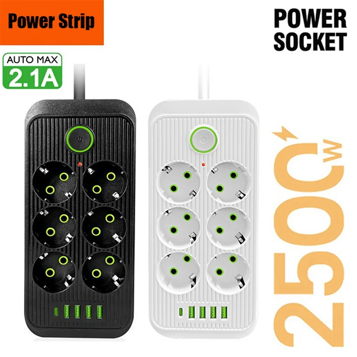 EU Power Strip Multiprise 6AC Outlets Electrical Socket with 4 USB 1 Type-C Network Filter Fast Charging EU Plug Black