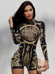 Oshoplive 2024 New Summer Female Fashion Female Gold Print Long Sleeves Playsuits Sexy Casual Fitness Short Jumpsuits For Women