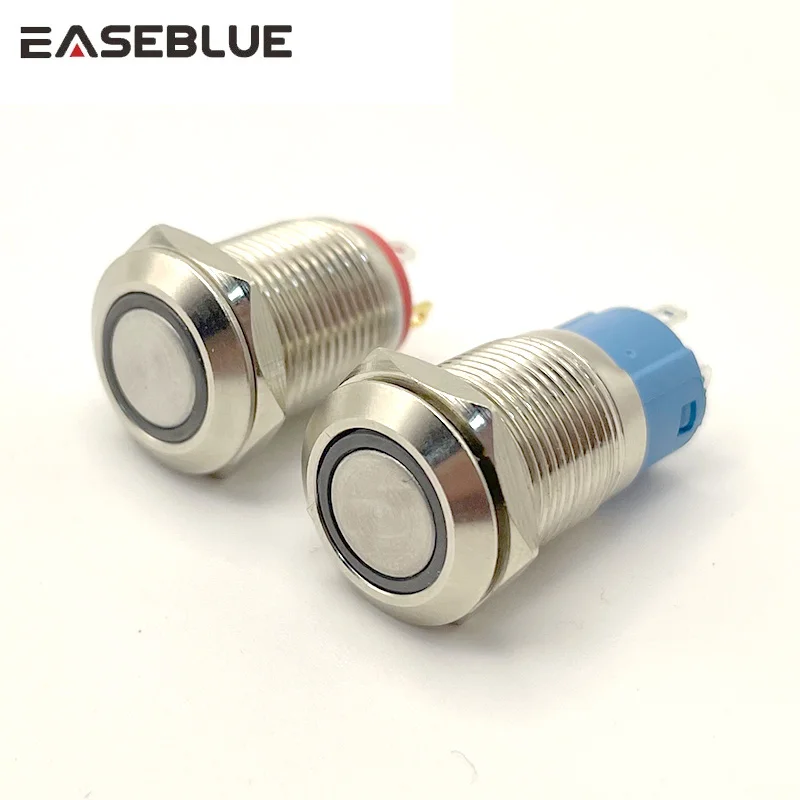 Interruptor de botão de metal impermeável, luz LED, travamento momentâneo, PC desligado, vermelho, verde, branco, amarelo, anel azul, 12mm, 16mm, 19mm, 22mm