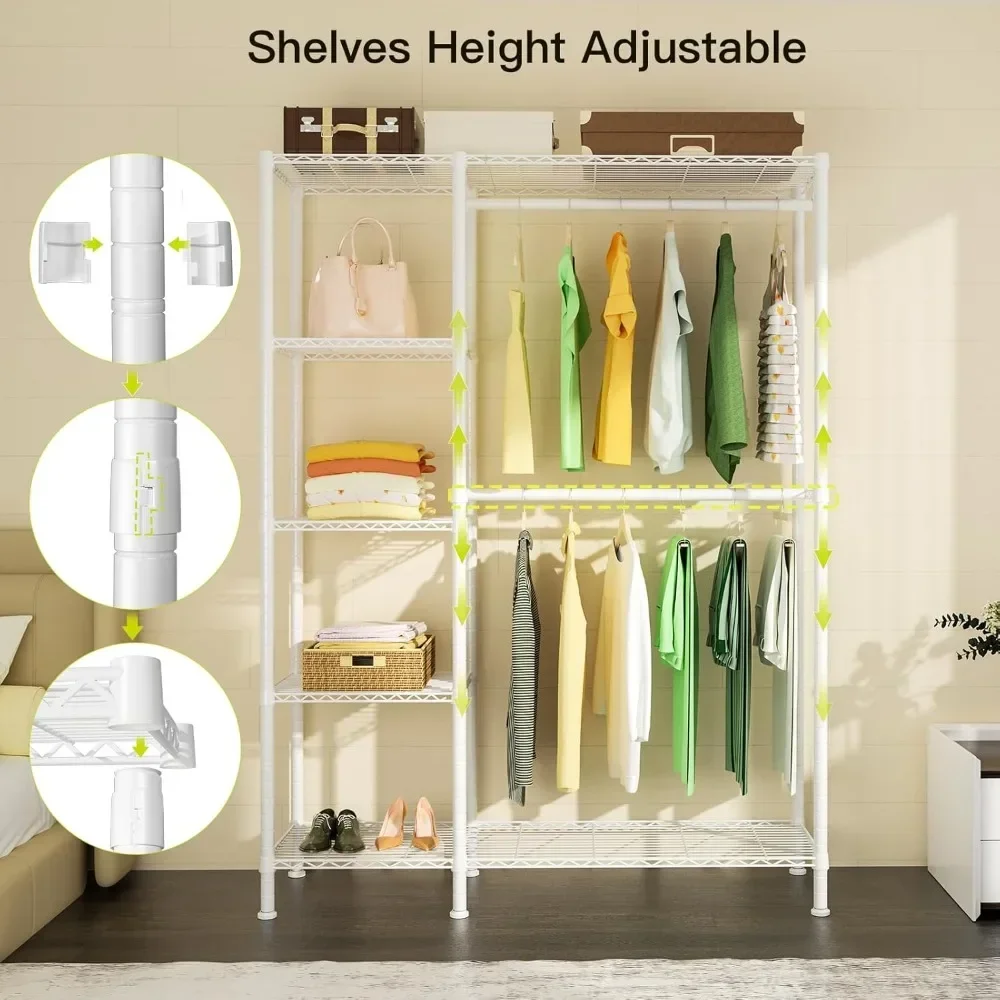 Closet Garment Rack, 5 Tiers Freestanding and Height Adjustable Heavy Duty Clothes Storage Organizer with 2 Hanger Rods