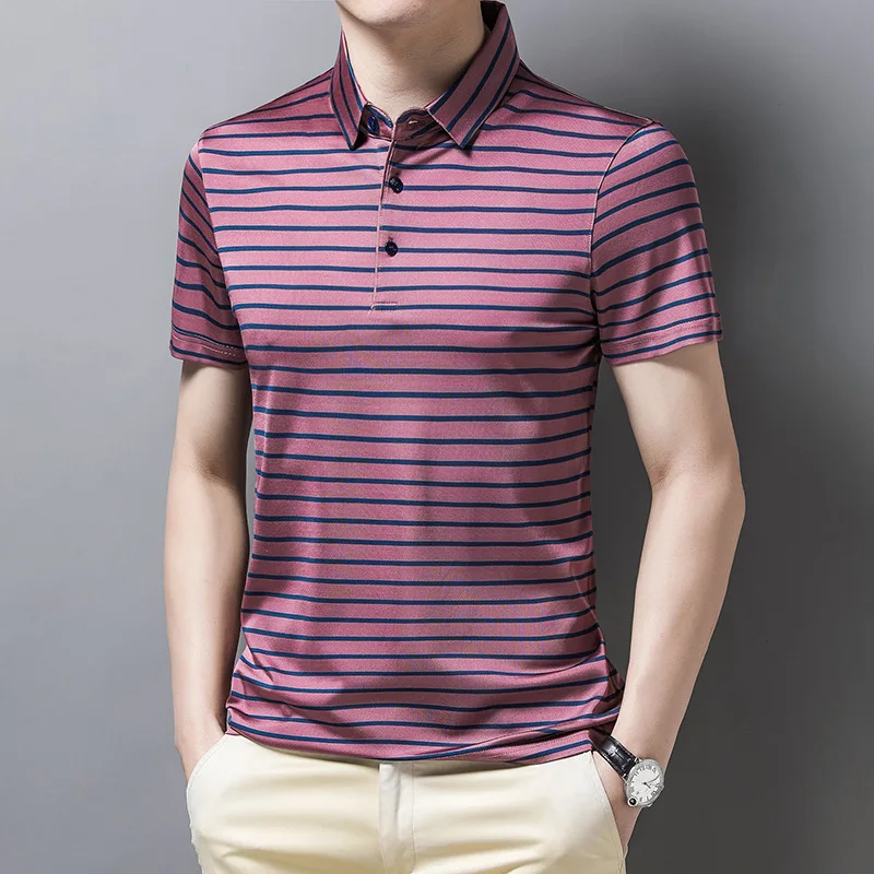 2022 Spring Summer Mulberry Silk Mens Polo Shirts Short Sleeve Silk Casual Male Tops Simple Striped Thin Man Tees 4XL