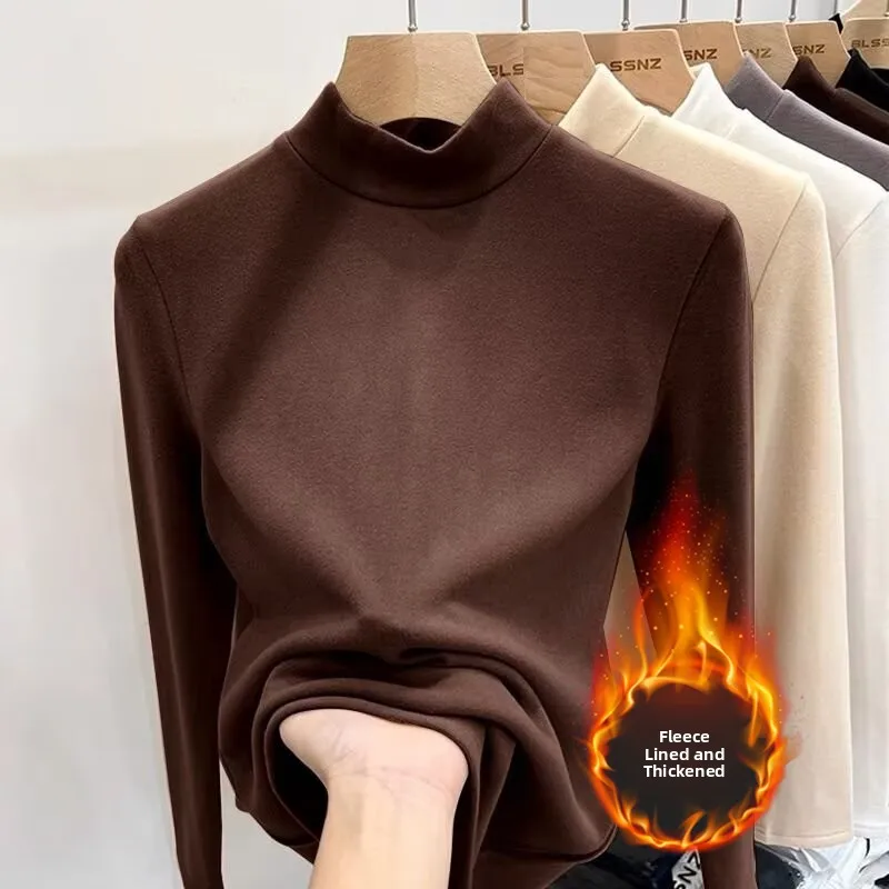 Women's Slim Fit Self-Heating Half High Neck Double Sided Velvet Base Shirt Korean Style Commute Fashion Winter Thickened Lon...