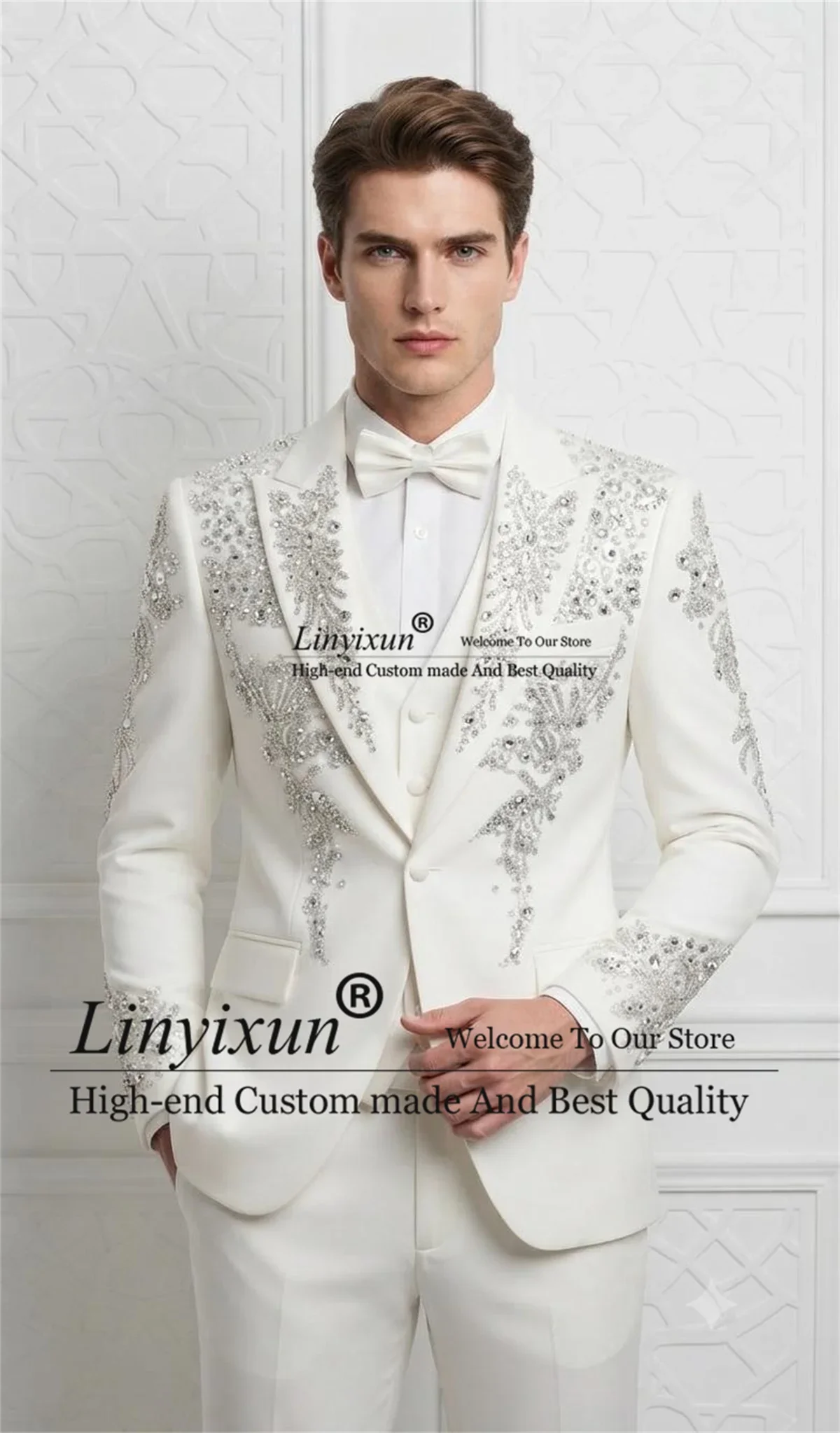 High End Jewelry Diamond Men Suits Customized Slim Fit Groom Male Blazers 3 Pieces Sets Wedding Party Tuxedos Costume Homme