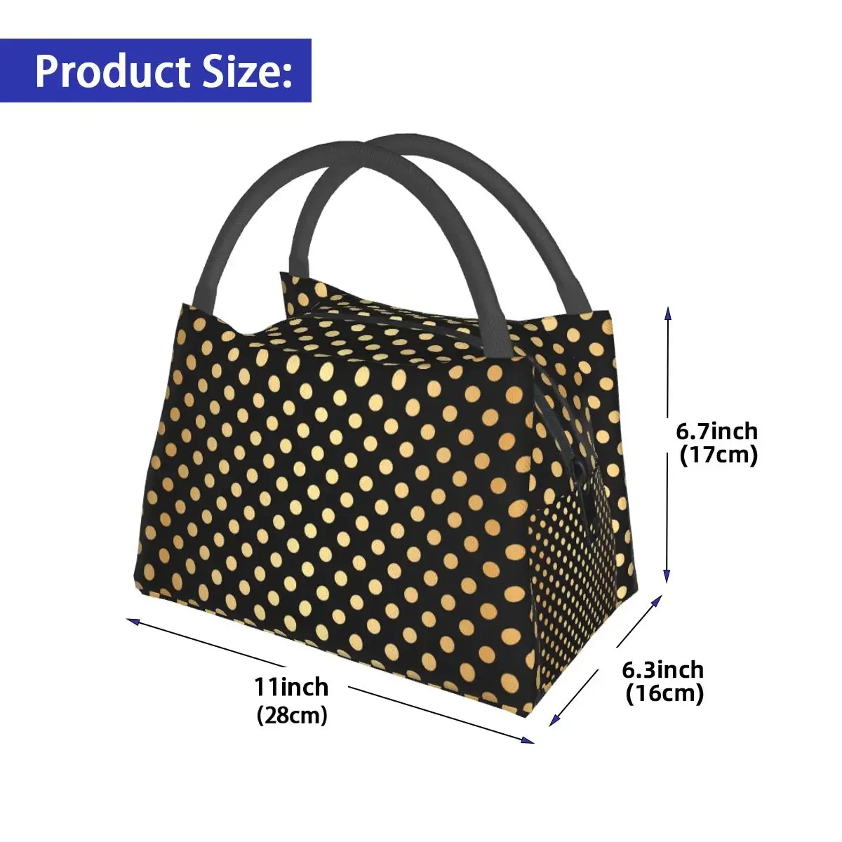 Vintage Polka Dots Lunch Bag Black And Gold Office Lunch Box Child Aesthetic Designer Thermal Tote Handbags Oxford Cooler Bag