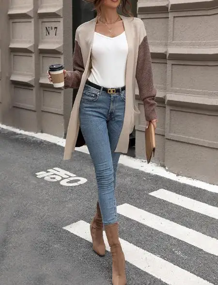 Damen-Strickjacke, 2025, Herbst und Winter, neue Mode, neuester heißer Verkaufsstil, langärmeliger, farbblockierter Pullover, Strickjacke