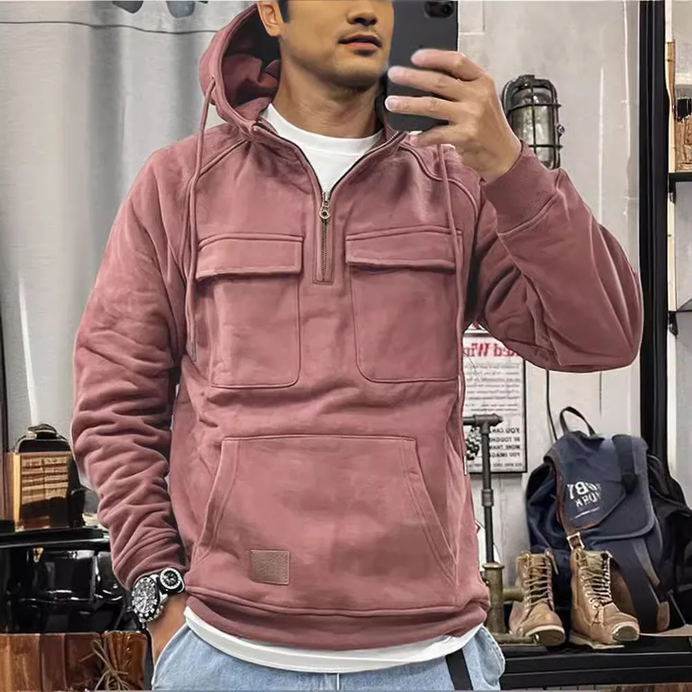 New Spring-Autumn Men's Hoodie | Solid Color Streetwear Multi-Pocket Leather Patch Sweatshirt Jacket for European-American Youth