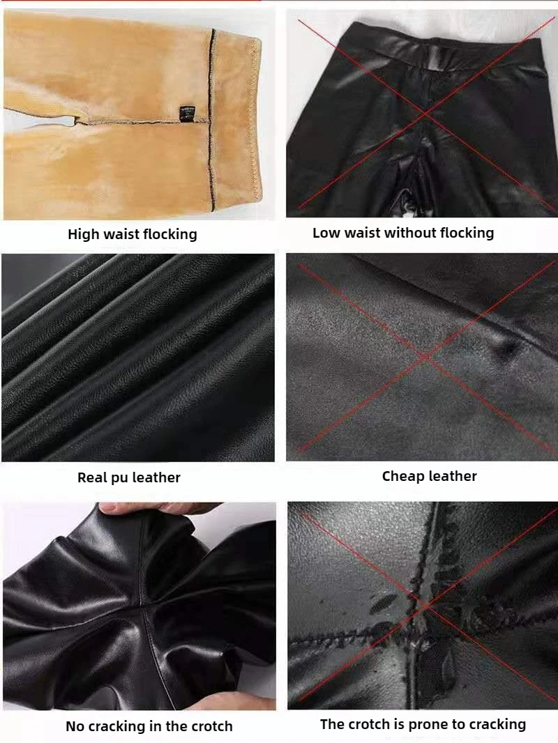 سراويل ضيقة من الجلد الصناعي للتحكم في البطن - سراويل حرارية مبطنة بالصوف الشتوي للنساء، سراويل يوجا عالية الخصر بطبقة أساسية L-5XL #5