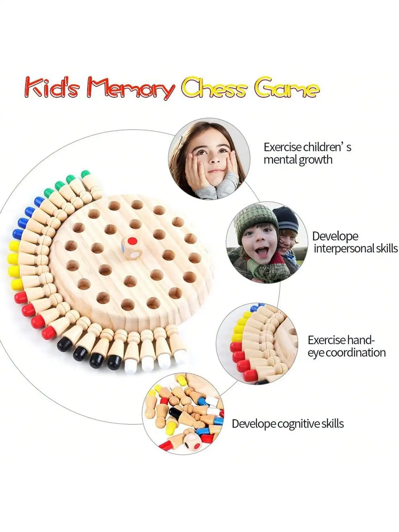 Wooden Memory Chess Game for Kids, Montessori Learning Toys for 3+ Year Old, Color Matching Logic Puzzles for Family Party Gifts