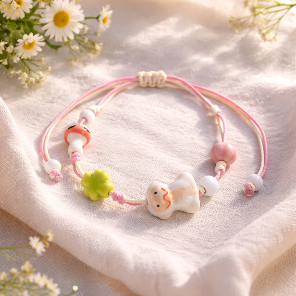 Cute Monkey Ceramic Bracelet Handmade Adjustable Wax Cord Sweet Girl Style Dainty Jewelry for Daily Wear Gift S03-250