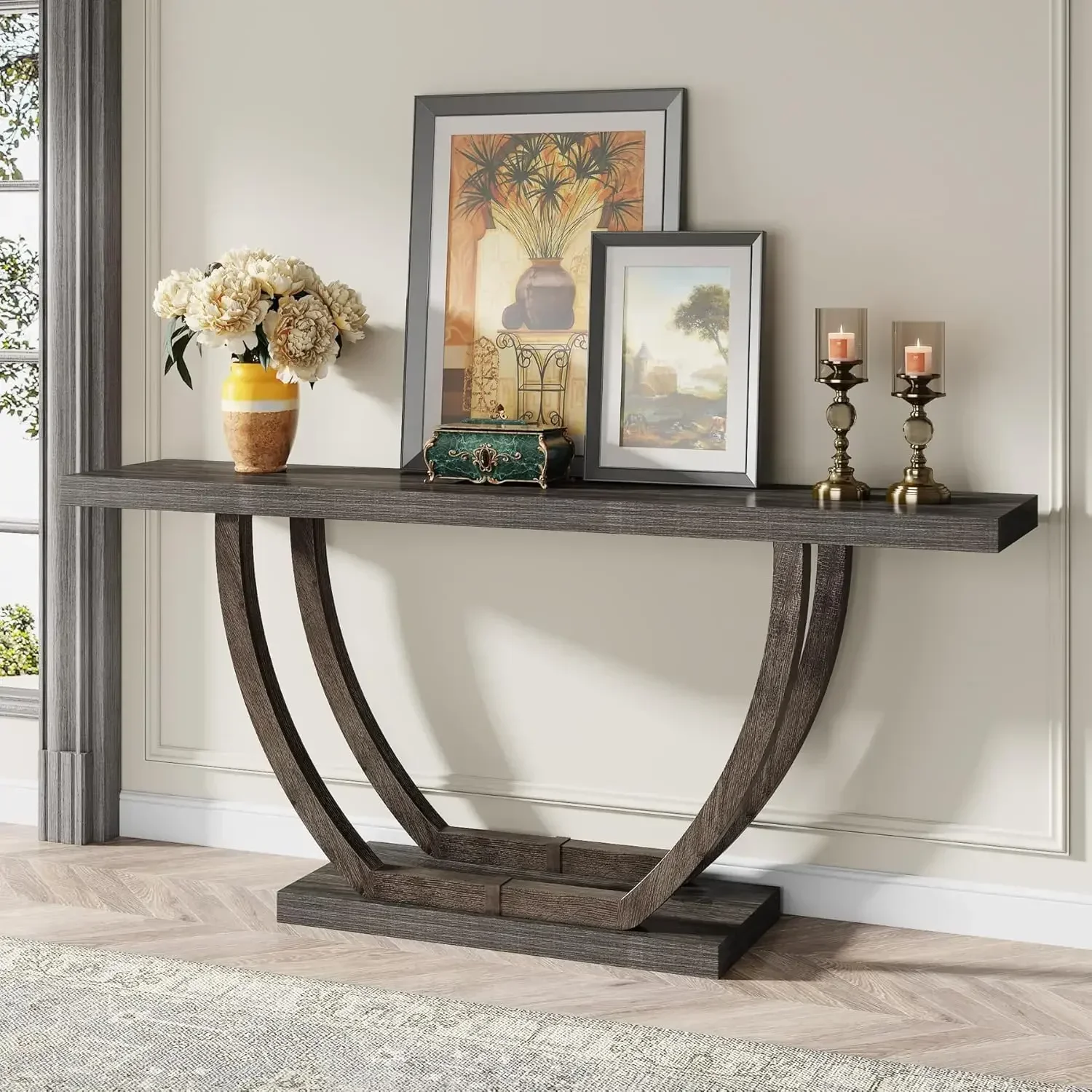 

63-Inch Skinny Console Table with Geometric Base 2-Tier Farmhouse Sofa Table Narrow Long, Thickened Behind Couch Table with