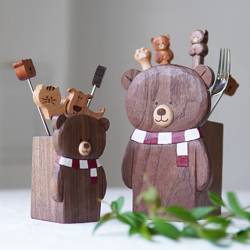 Cute Bear Storage Box Black Walnut Pens Box Kitchen Utensils Container Creative Natural Wood Table Organizer