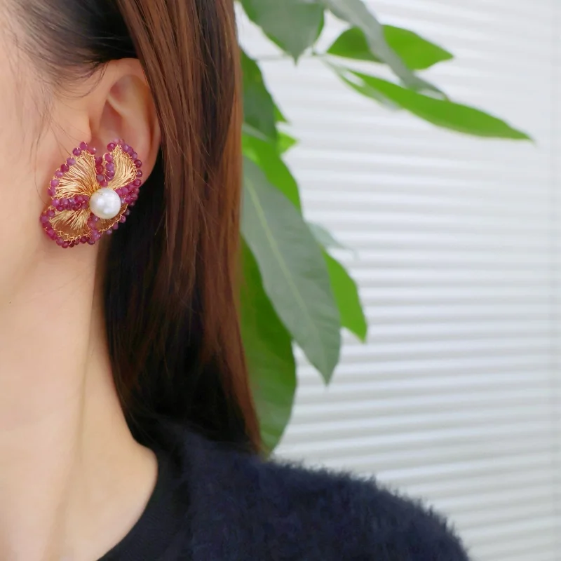 مجوهرات SGARIT الرائجة ذاتية الصنع 14 قيراط مملوءة بالذهب الطبيعي واللؤلؤ المستدير وزهرة الياقوت مجوهرات للحفلات النسائية #4