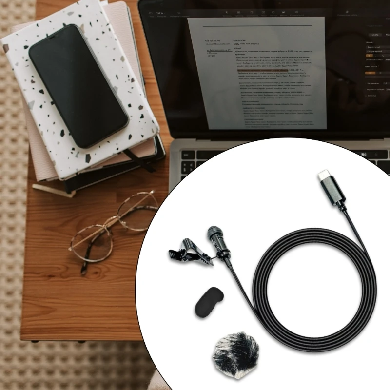 Microfone lapela lapela M17B ZJ030MR USB C, microfone condensador omnidirecional com clipe 20 Hz-16 KHz muffs opcionais