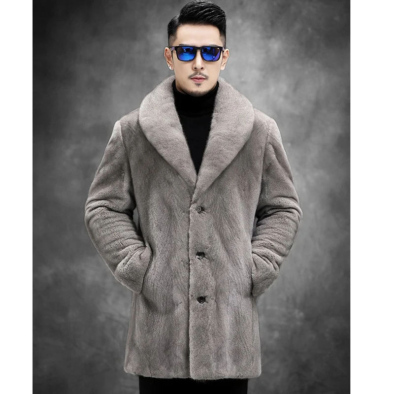 Men's winter warm fur coat mimics mink casual windbreaker mid-length jacket