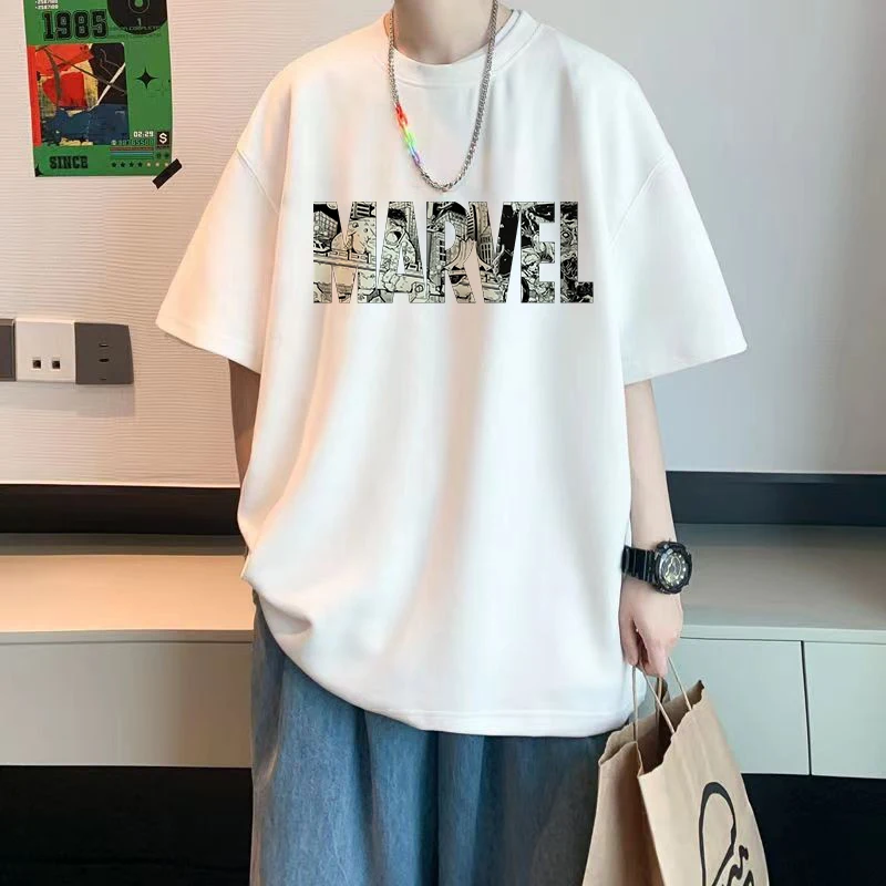 Men T-shirt Women Cotton Marvel Letter Anime Tee Shirt Kawaii Cartoons Casual Clothes Oversized Harajuku Streetwear Unisex Tops