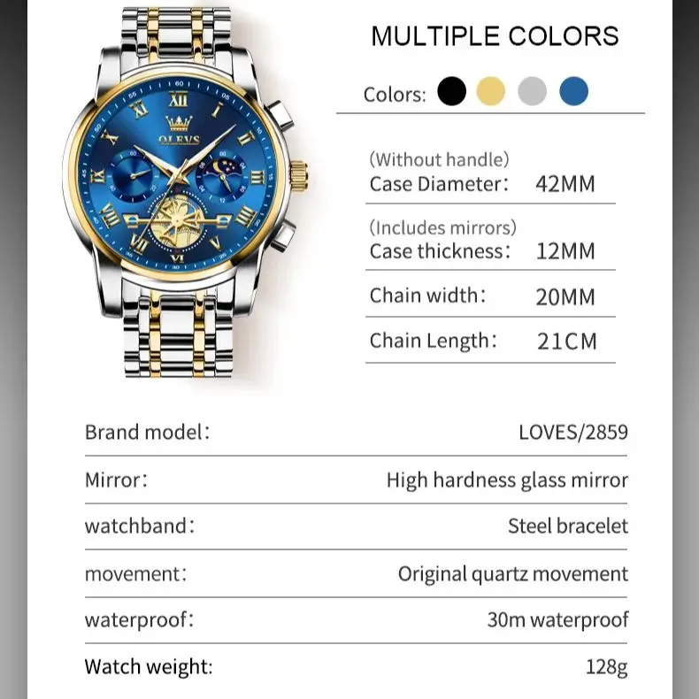 OLEVS Moon Phase Watch for Men Original Roman Dial High Quality Stainless steel Multi-function Wristwatch Luxury Brand Watch Men