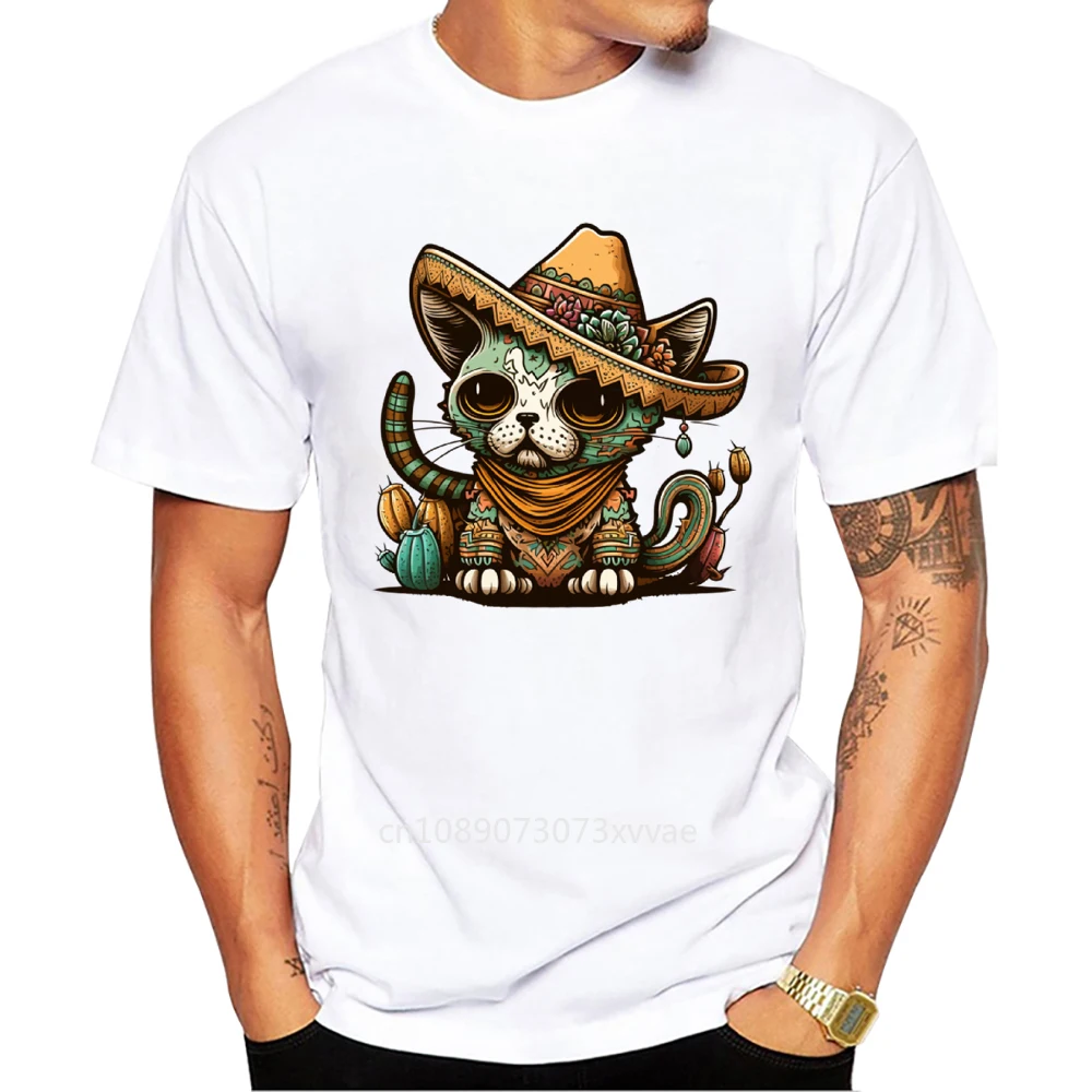 O-Neck Short Sleeve Male Casual Men Clothing Vintage Streetwear Mexican Sugar Skull Cat Sombrero Print Men's T-Shirt