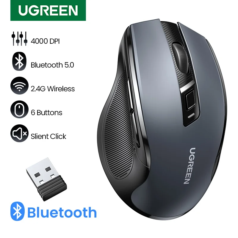 

UGREEN Wireless Mouse Bluetooth5.0 Mouse Ergonomic 4000DPI 6 Mute Buttons Mouse For MacBook Tablet Laptops Computer PC 2.4G Mice
