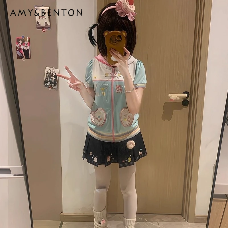 

Japanese Summer New Fruit Embroidery Blue Denim Skirt Original Sweet Cute Versatile Age-reducing Pleated A-line Skirts Ladies