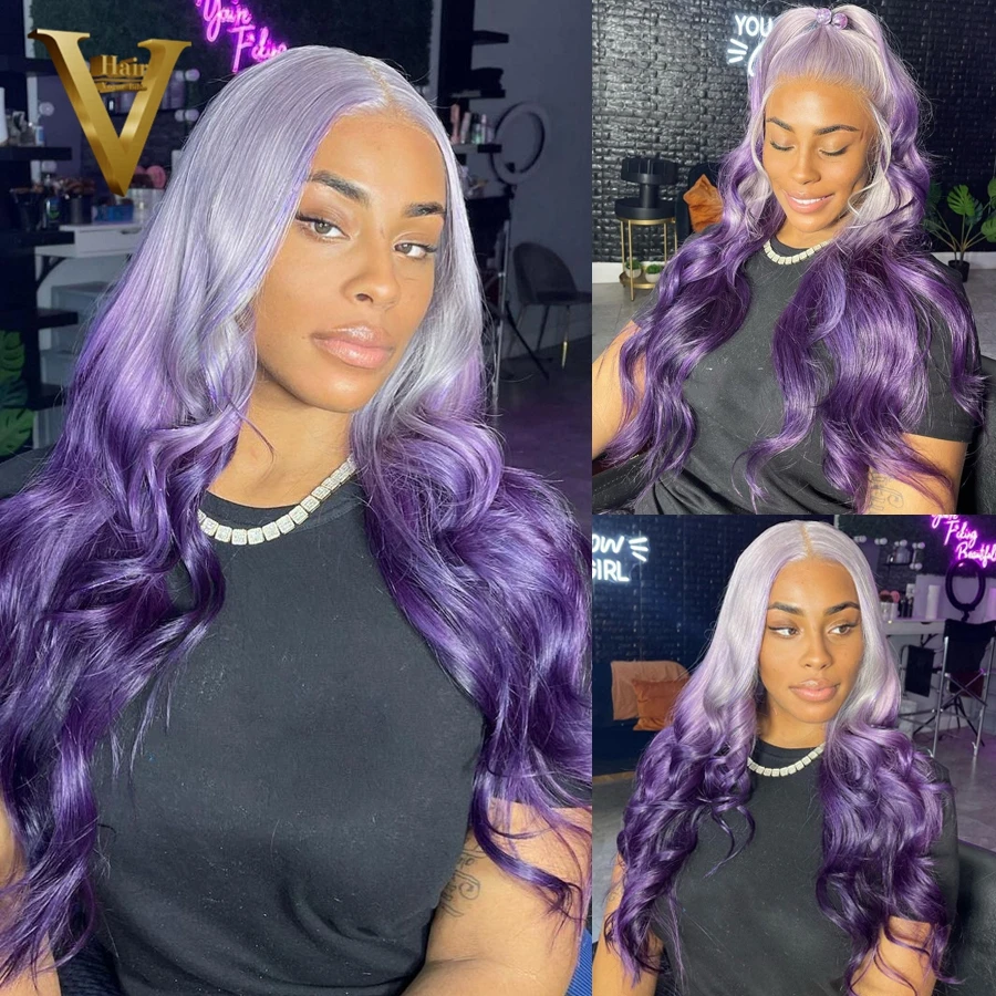 

Ombre Purple Color Remy Human Hair Wigs 13x4 Transparent Lace Frontal Wig Brazilian Body Loose Wave 4x4 Closure Wig Preplucked