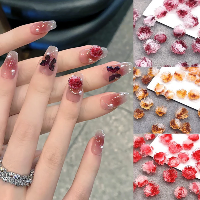 40/50pcs ขนาดผสมสีชมพู Rose ดอกไม้น้ําแข็งโปร่งใสเล็บ Rhinestone ตกแต่งแก้วเงาเล็บ Charms DIY อุปกรณ์แต่งเล็บ