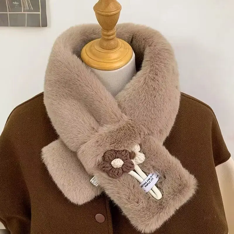 وشاح زهرة لطيف للنساء الشتاء رقيق الفراء الصليب الأوشحة بلون أفخم الدافئة منديل الفتيات الرقبة أدفأ