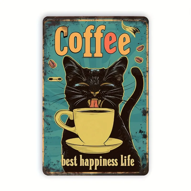 Vintage CoffeeCat Iron Signage Rustic Wrought IronDecoration Suitable for Home Cafe and Bar Decorations Humorous Vintage Signage