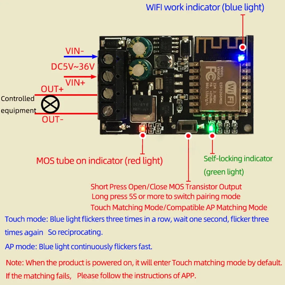 WiFi-Based Relay Module for Remote On-Off Control of Fans Motors and Lighting Systems with 5V-36V DC Input Support