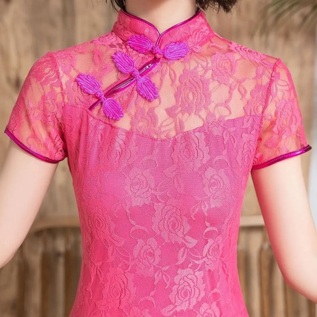 Cheongsam en dentelle à manches courtes, olympiques de mariage vintage sexy, robe qipao élégante, jaune, rose, rouge, S à 5XL